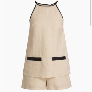 Staud Matheo Romper Linen black faux leather trim sz. s